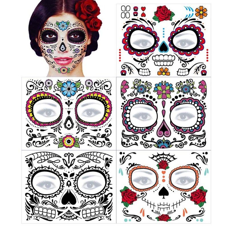 MANGOIT Halloween Face Tattoo Day of the Dead Tattoos Sugar Skull Water Transfer Stickers(5 PACK) with Floral Red Rose Black Web Fake Face Mask Tattoo for Mexican Halloween Parties Favor Supplies, Masquerade - Image 1